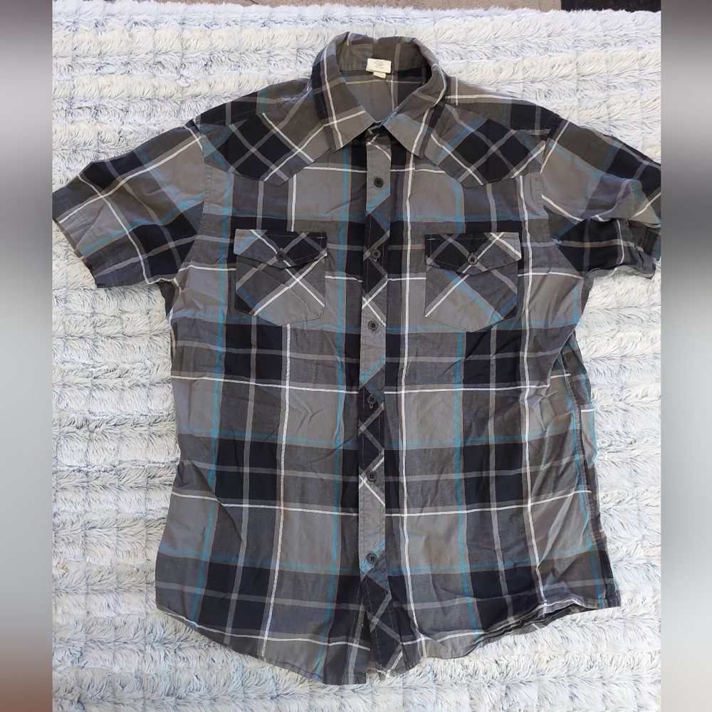 Hang Ten Men's Gray and Blue Plaid Shirt‎ Large